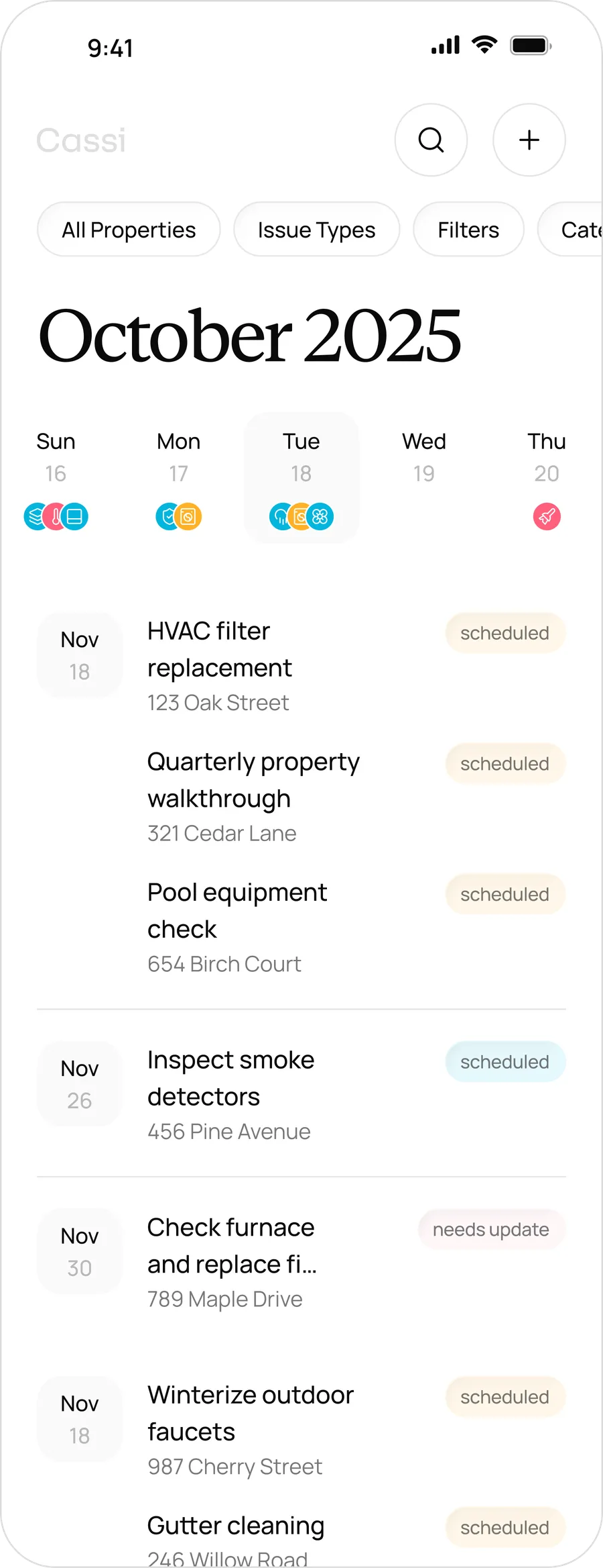 Cassi's maintenance calendar